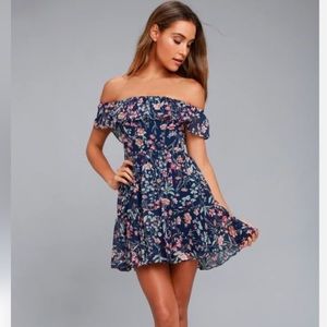 My Favorite Navy Blue Floral Print Off-the-Shoulder Dress
